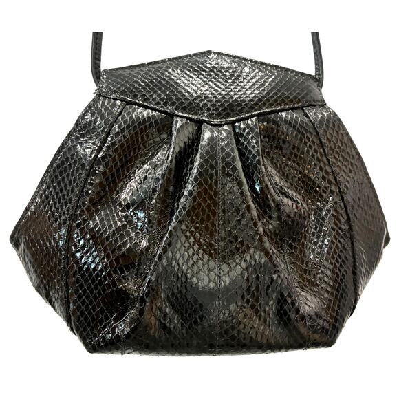 Vintage 80s Black Snakeskin Geometric Shoulder Bag Hexagon Pleated Purse - Picture 1 of 12